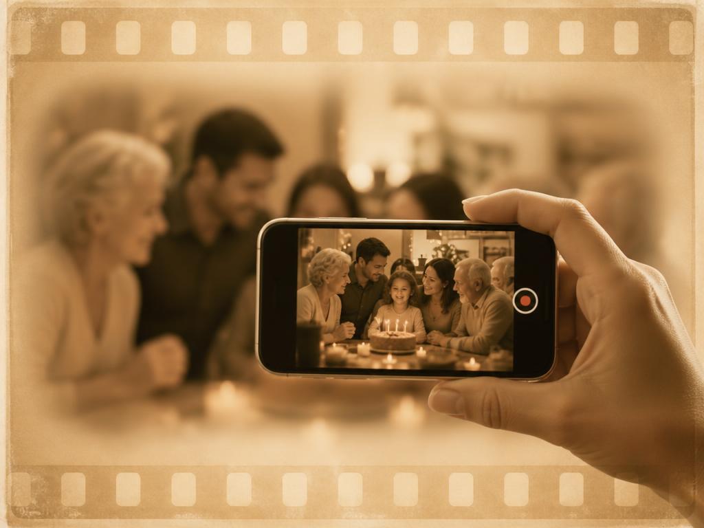 A hand holding a phone recording a family birthday memory