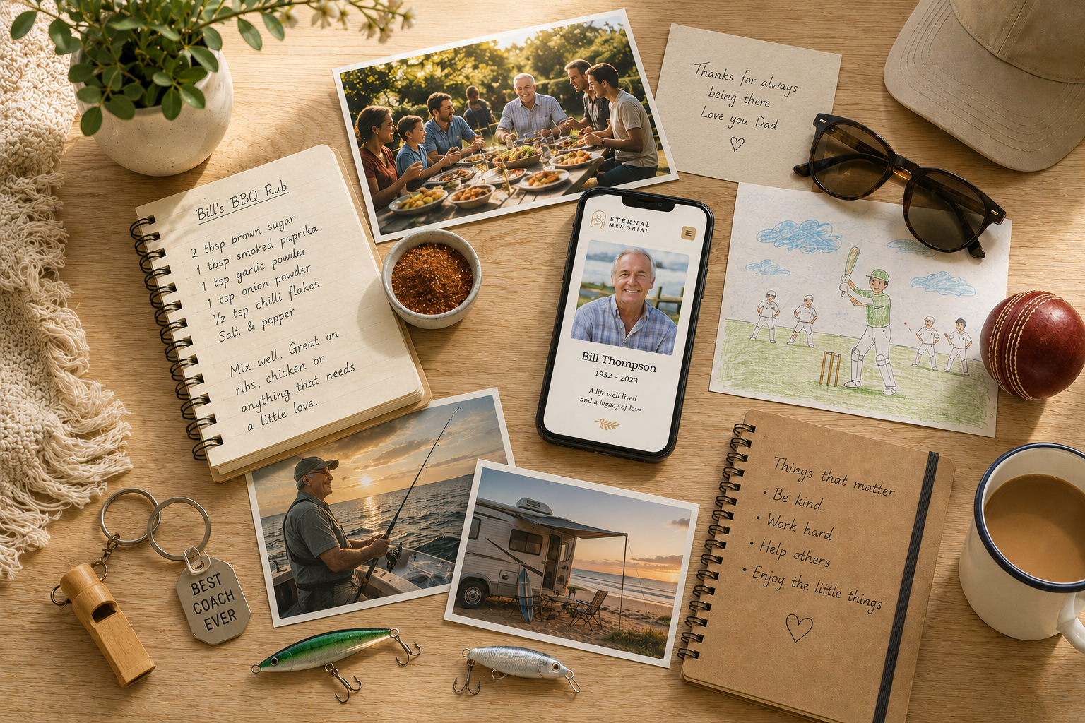 A sunlit timber table scattered with family keepsakes — a handwritten BBQ rub recipe, photos of a family meal and a fishing trip, a child's cricket drawing, a 'Best Coach Ever' keyring, fishing lures, a camper van photo, a handwritten note to Dad, and a phone showing Bill Thompson's Eternal Memorial story