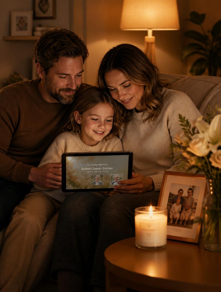 A family gathered closely on a sofa viewing a memorial story on a tablet beside a lit candle and framed photographs