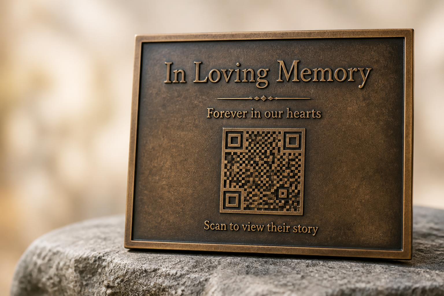 Bronze memorial plaque featuring a permanent QR code